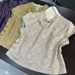 Silk Blend Mixed Color Top with Floral Pattern and Side Buttons, Retro New Chinese Style Original Design Blouse for Women