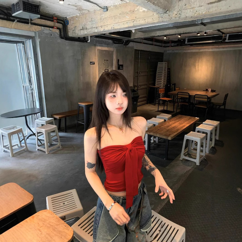Bow tie Strapless Vest Women's Summer Slim-fit Slim-fit Pure Wearing Chest Inner Wearing Red Hot Girl Top for Outer Wear