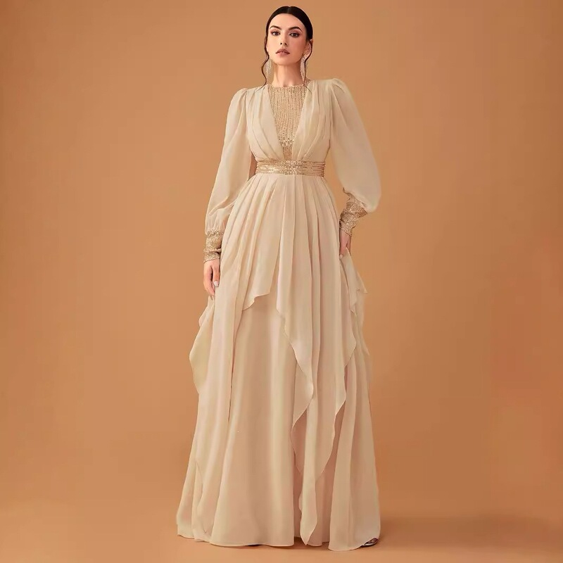 New Style Women's Ball Gown Evening Dress, Elegant Chiffon Dress with Sequined Lantern Sleeves and Waist-Cinching Design - Mgt1144 New Style Women's Ball Gown Evening Dress, Elegant Chiffon Dress with Sequined Lantern Sleeves and Waist-Cinching Design - Mgt1144