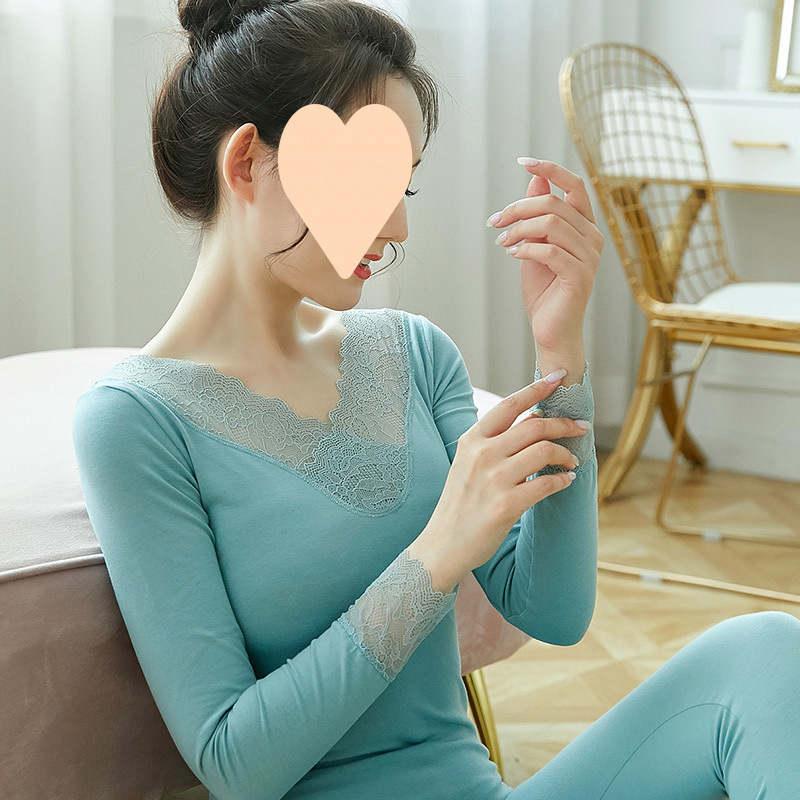 레이스 가을 옷과 가을 바지 세트 여성 바닥면 스웨터 여성의 얇은 대형 면화 낮은 칼라 열 속옷