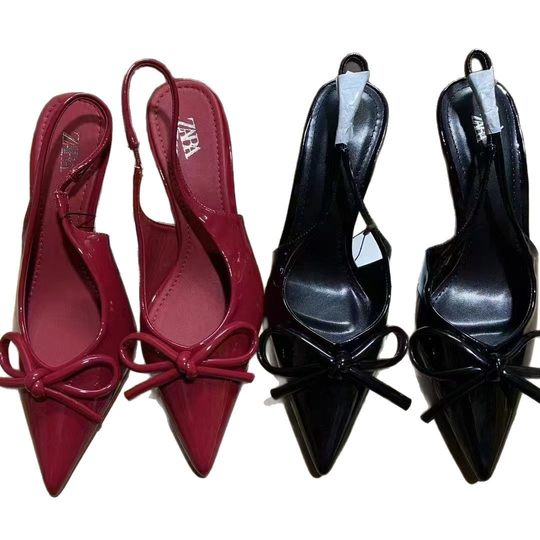 ZA2024 New New Red Patent Leather Bow Women's Shoes Fashionable Pointed Stiletto Heel Rear Trip Cool High Heels for Women