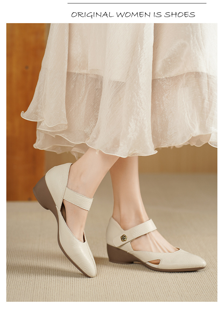 Sandal nữ đế xuồng mũi nhọn da cừu, gót 7 cm, phong cách retro — Màu trắng nhạt chi tiết 3
