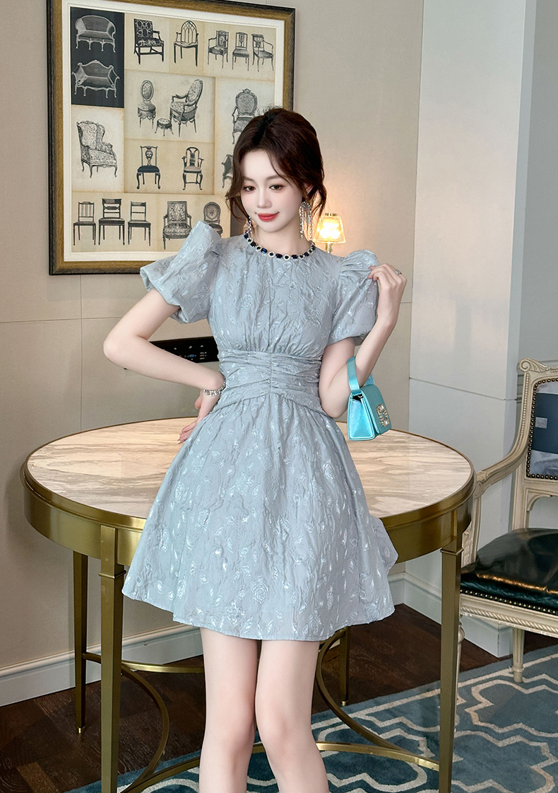 Váy chữ A retro cổ tròn tay bồng eo thon dáng xòe — Màu xám chi tiết 5
