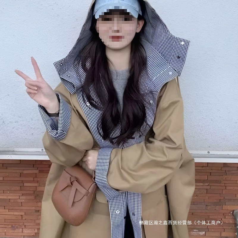 欧美风韩版格子拼接设计大衣外套女春夏款新款小个子连帽夹克风衣|undefined