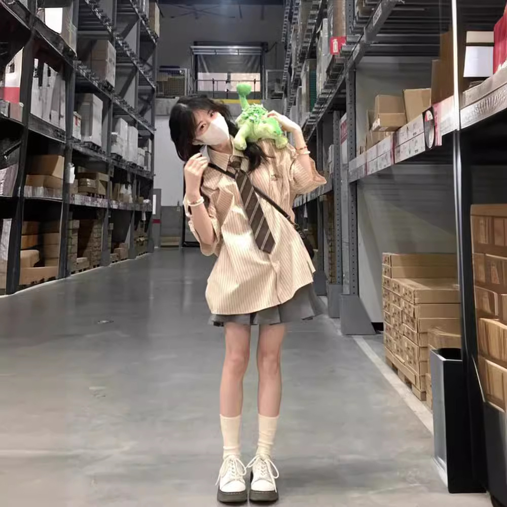 (2개) JK 유니폼 세트 봄과 여름 줄무늬 반팔 셔츠 여성 디자인 센스 틈새 캐주얼 일본 대학 스타일 셔츠