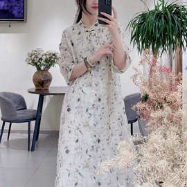 数码印花立领苎麻衬衫女宽松七分袖2026夏文艺气质改良旗袍连衣裙