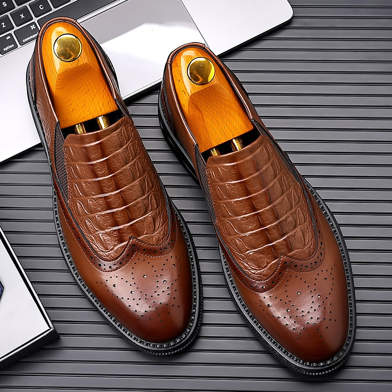 Giày da nam công sở Oxford cổ điển làm thủ công, da bò thật, mũi tròn, cổ thấp — PZ7103 màu nâu, PZ7103 màu đen