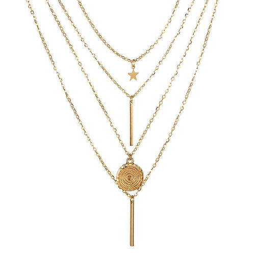 Retro Pentagram Long-Handle Pendant Multi-Layer Necklace | Trendy Four-Layer Combined Chain Set Necklace Jewelry from Europe and America