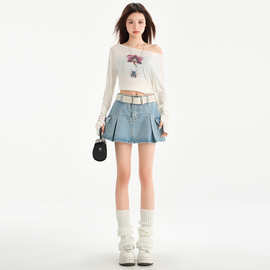 浅蓝牛仔短裙女2025年夏季新款辣妹工装包臀A字防走光高腰百褶裙