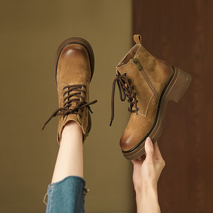 Full Genuine Leather Retro Fashion Lace-Up Boots for Women 2024 Autumn and Winter New Round-Toe Thick-Soled Color-Polished Short Boots for Women