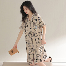 睡裙女士夏纯棉短袖翻领开衫薄款纯色中长裙家居服大码睡衣可外穿
