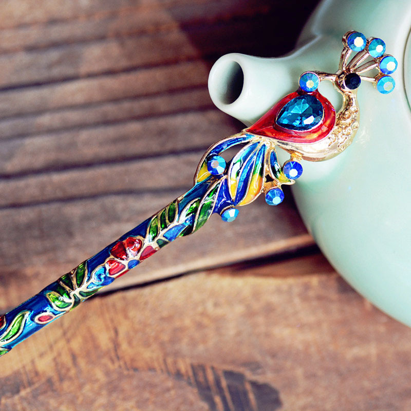 Vintage cloisonne estilo chino hanfu updo Accesorios para el cabello mapache Peacock Crystal tocado horquilla
