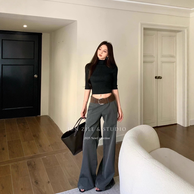 Summer Women's High-End Straight-Leg Wide-Leg Suit Pants Slim-Fit Slimming Knit Top Fashion Two-Piece Set