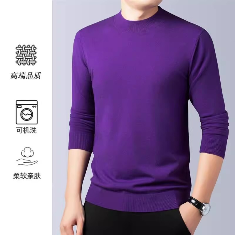 New Spring Mulberry Silk Sheep Wool Half-High Collar Men's Long Sleeve Sweater Men's Youth Knitted Shirt Base Men's Clothing