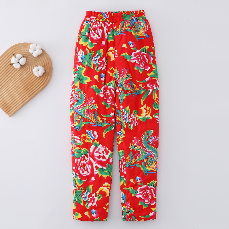 大花布棉花纯手工高腰棉裤女装冬天加厚保暖修身网红直播保暖长裤