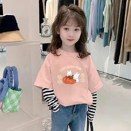 女童长袖t恤纯棉春秋儿童假两件条纹全棉上衣女孩宝宝打底衫体恤