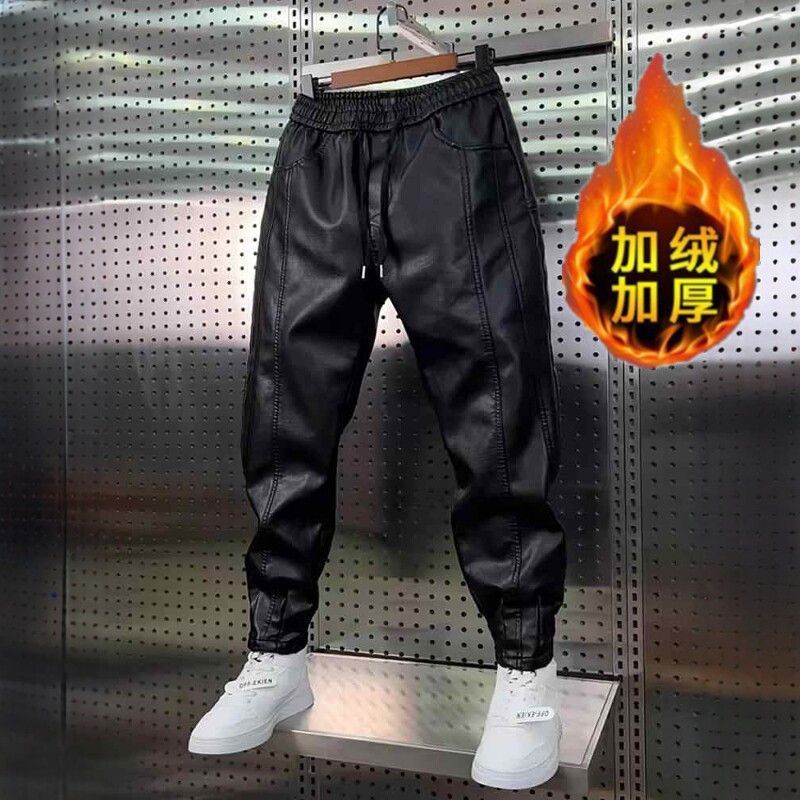 Men's autumn/winter fleece-lined leather trousers, thickened, casual, motorcycle style, cold-proof, windproof, warm, outdoor trendy hot-selling trousers.
