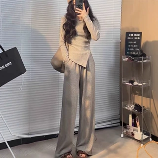 秋季新款休闲套装女修身显瘦不规则长袖t恤高腰垂感阔腿裤两件套