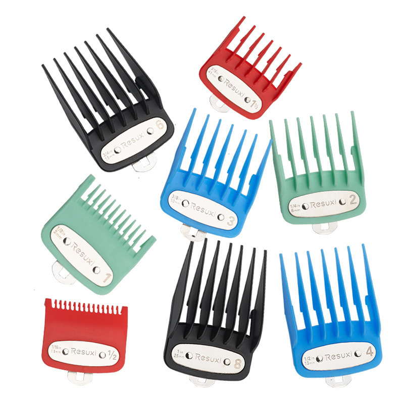 RESUXI跨境新款男士理发器配件彩色8件套限位梳油头电推剪带铁片