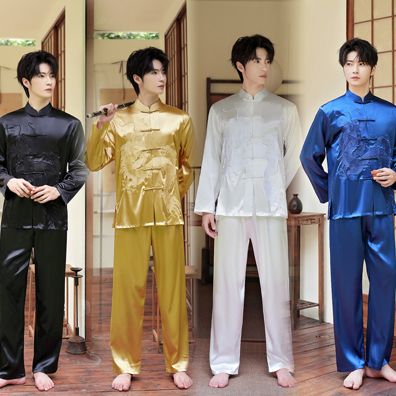 2025春秋新款唐装男衬衫套装长袖中老年太极服中国风晨练表演批发