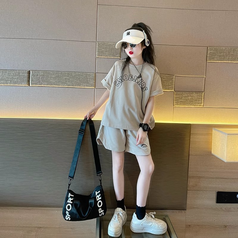 仿棉珠地 女童短裤套装夏季新款儿童短袖夏装女孩时髦运动两件套