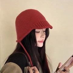 冬季毛线帽女护耳针织套头帽绑带学生日系渔夫帽显脸小短檐水桶帽
