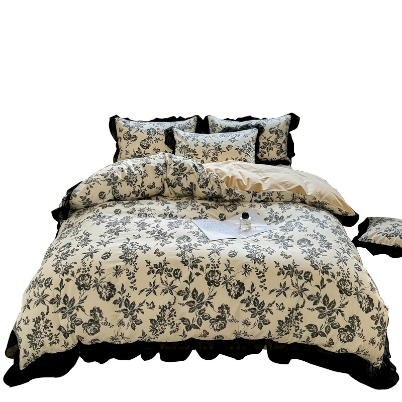 Nordic French Vintage Boho Vintage French Hepburn-style Pure Cotton Four-piece Set, All-cotton Lace Duvet Cover, Bed Fitted Sheet, Three-piece_voghion.com