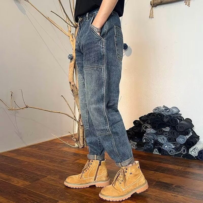 2024 primavera y otoño pantalones rectos estilo vibe de calle alta americana jeans lavados retro hiphop para hombres guapos europeos y americanos