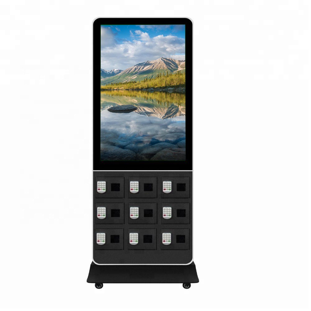 移动42寸9门密码锁手机充电广告机 景区博物馆4S店商场手机保管柜