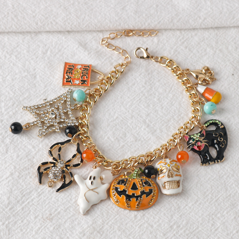 Halloween Charm Bracelet With Spider Pumpkin Skull And Diamonds_voghion.com