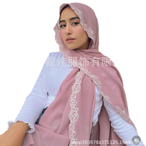 Cross-border best-selling pearls chiffon lace scarf high-quality Malaysia style shawl scarf wholesale