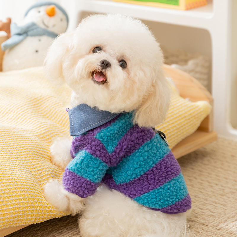 Camisas azules y púrpura de costura a rayas cuello de camisa de dos patas perros pequeños gatos otoño y invierno de dos patas de manga larga ropa de mascotas cálidas