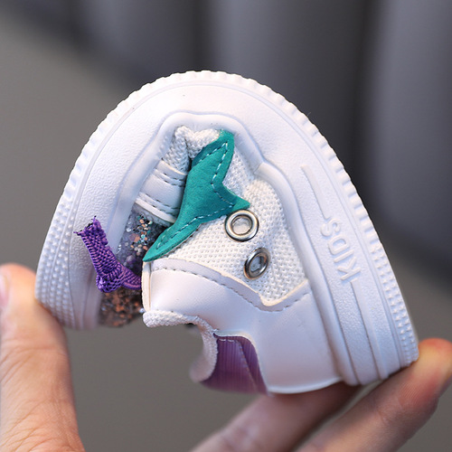 2024 Spring and Autumn New Children's Net Shoes with Glitter Shell Sneakers for Girls, Casual Shoes, Board Shoes for Young Children, Soft Soles Baby Shoes