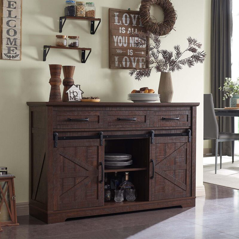 Farmhouse Rustic Style Sideboard Kitchen Buffet Cabinet Dark Brown with 2 Barn Doors 3 Drawers