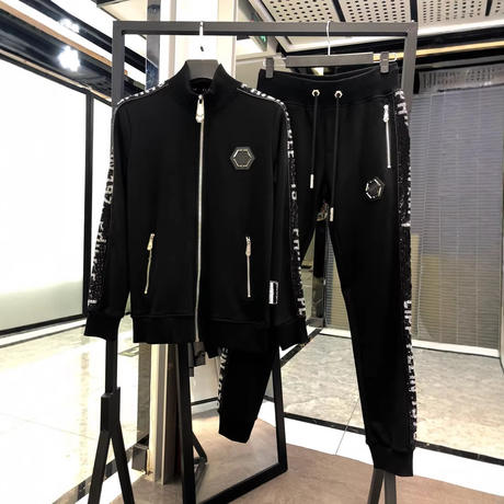 Autumn and Winter Philip Plein Men's Stand-Collar Sports Casual Suit with Zipper and Rhinestone Skull Design Trendy Brand Pp Suit for Men
