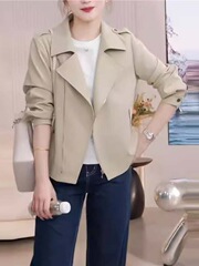 春秋季新款女士休闲时尚翻领夹克上衣通勤百搭卡其风衣短外套