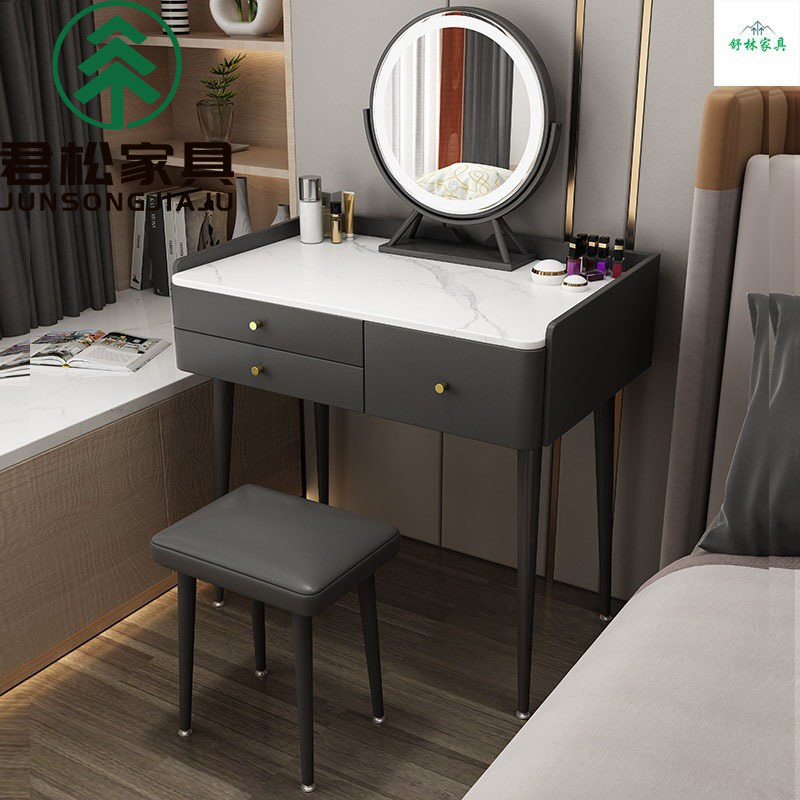 Modern minimalist luxury stone slab vanity table with mirror, makeup vanity with storage, integrated bedroom dressing table