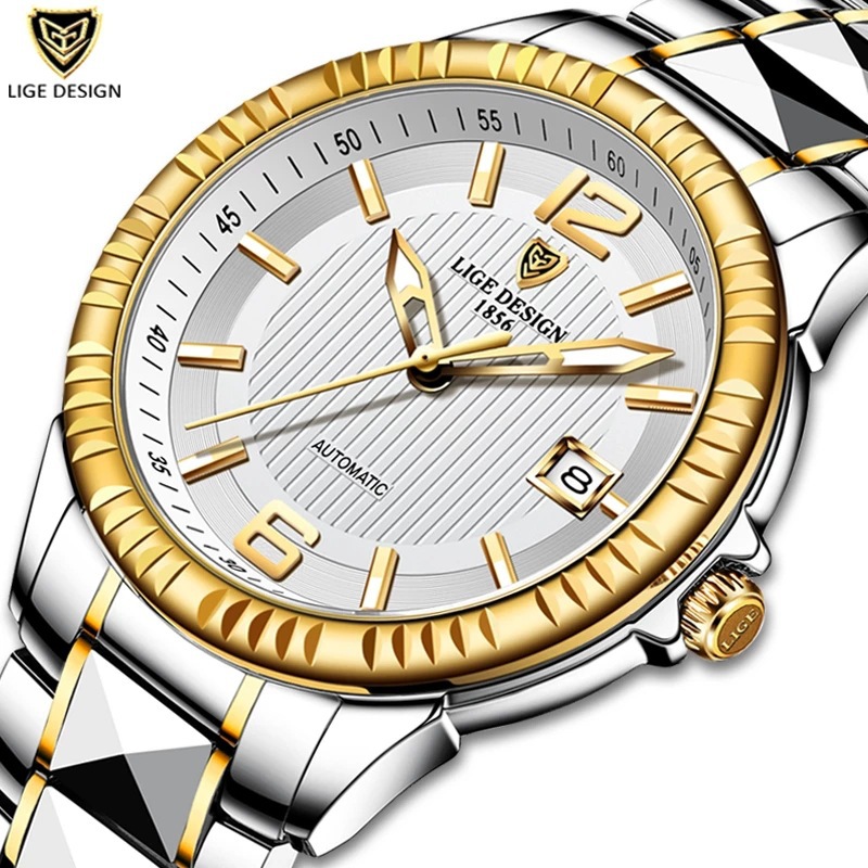 LIGE transfronterizo creativo nuevo reloj mecánico para hombres correa de acero de tungsteno reloj impermeable profundo entrega de una pieza