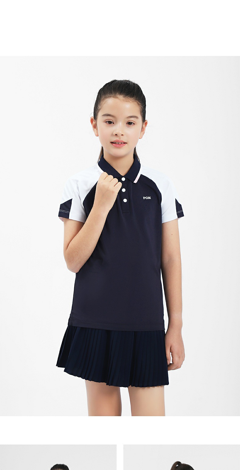 Áo thun golf ngắn tay bé gái PGM phối sọc thể thao mùa hè — YF592-màu hồng, YF592-màu trắng, YF592-màu xanh nước biển chi tiết 6