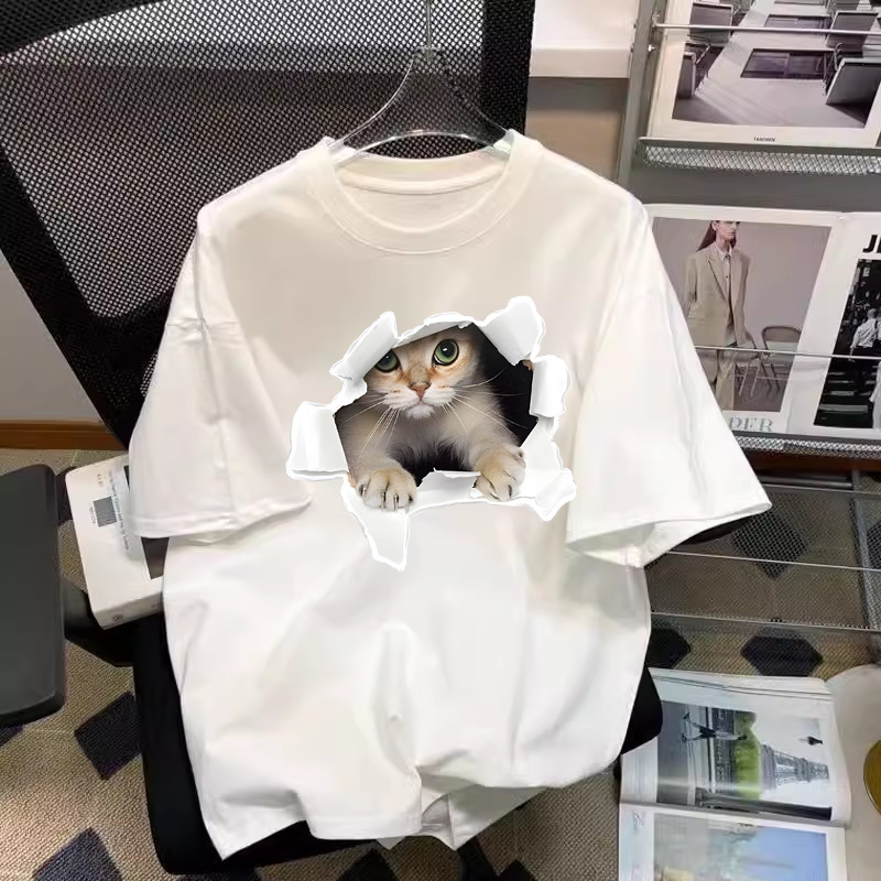 Cotton Women's Short-sleeved T-shirt Trendy Brand Internet Celebrity Loose Round Neck Trendy White Printed Top All-match Base Shirt