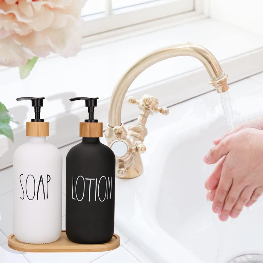 Amazon Glass 500ml Boston Hand Soap Pump Bottle in Black and White for Refilling with Liquid Soap or Shampoo