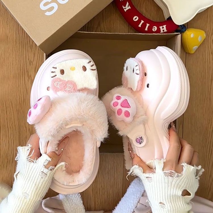 可爱凯蒂猫厚底毛毛鞋女2025秋冬新款少女心猫爪加绒保暖包头拖鞋|undefined