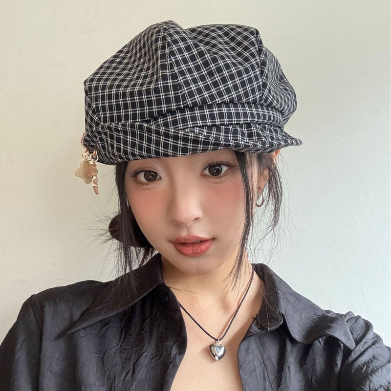 新款优雅复古千鸟格纹显脸小八角帽可卷边时尚文艺短檐休闲鸭舌|undefined