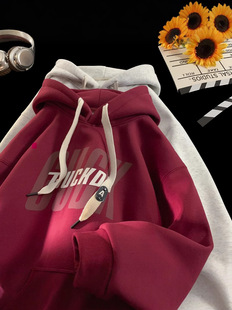 Anti-pilling Chinese cotton hooded sweatshirt for men in spring and autumn American trendy brand teenagers burgundy heavy fleece hoodie jacket