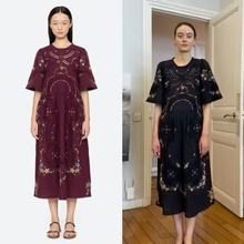 南油连衣裙法式复古圆领十字花卉刺绣镂空宽松短袖长款连衣裙新款