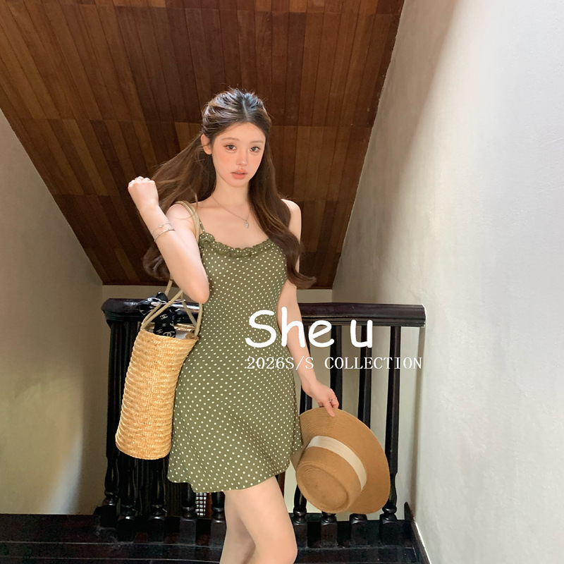 She U French Retro Style Polka Dot Olive Green Dress 2026 Spring Slimming Strap Dress