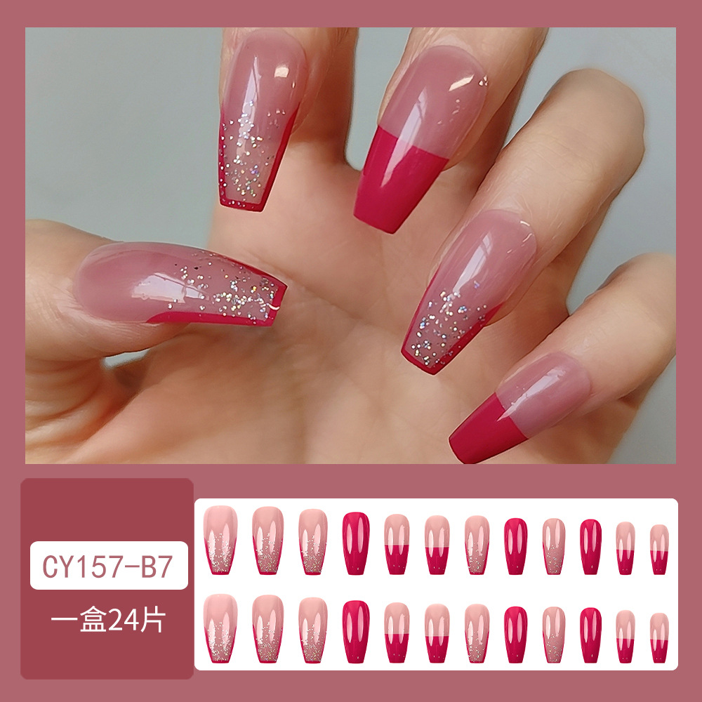Uñas postizas francesas trapezoidales brillantes color rojo cereza, estilo para viajeros internacionales, arte de uñas que ilumina la piel, 24 piezas de uñas postizas al por mayor en stock.