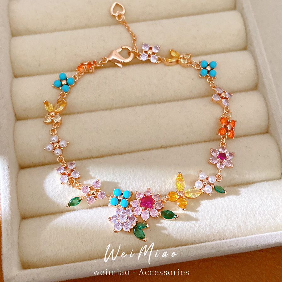 18 quilates de oro real pulsera de flores de perlas de piedra de diamante vacaciones de verano en la playa pulsera de viento dulce joyería versátil