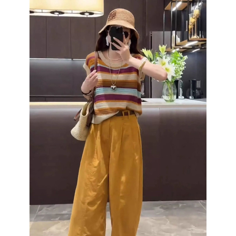 Age-Reducing Fashion Hong Kong Style Suit for Women Summer New Style Cut Out Contrasting Stripesd Knitwear Nine-Point Casual Pants Two-Piece Set
