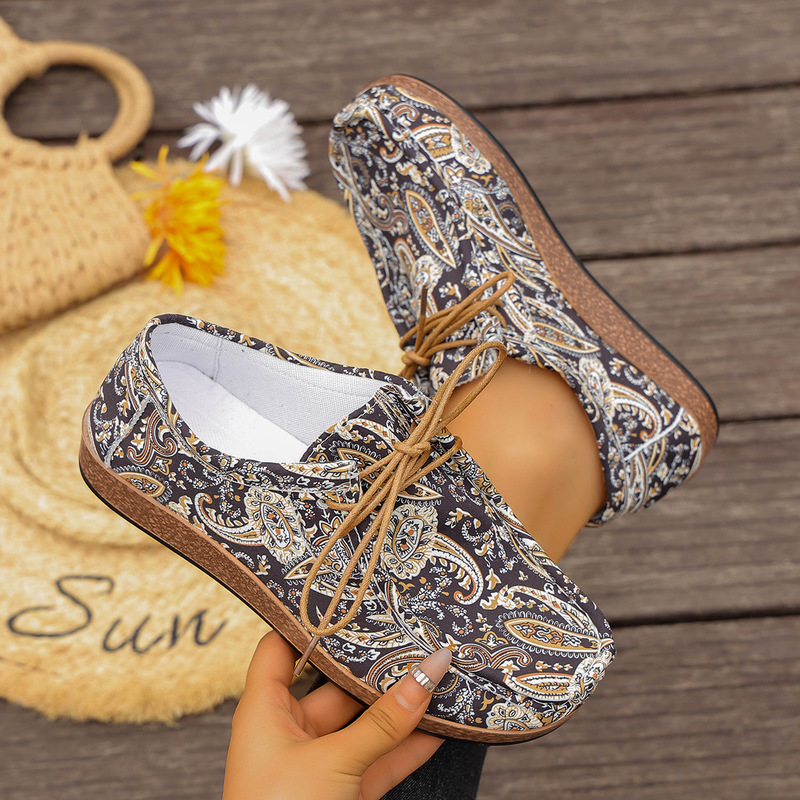 Cross-border foreign trade plus-size ethnic style casual women's shoes, colorful lace-up graffiti low-top canvas shoes with wood grain thick soles
